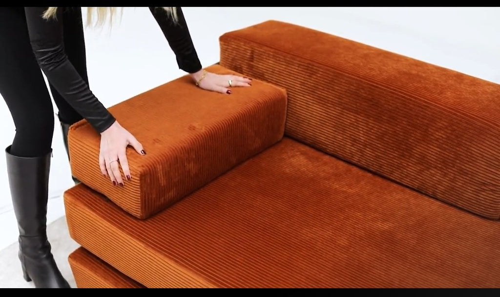 Modular Corduroy Floor Sofa with Metal Frame – Rust Orange Lounge Sofa
