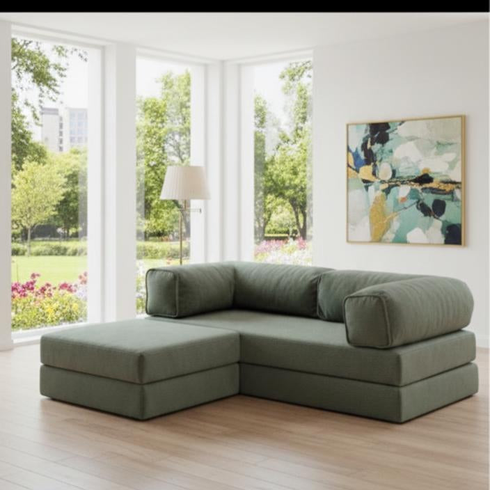 Low profile corduroy modular sofa with deep 100 cm seating
