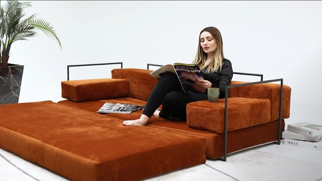 Modular Corduroy Floor Sofa with Metal Frame – Rust Orange Lounge Sofa