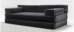 Modern modular floor couch with rust orange corduroy upholstery