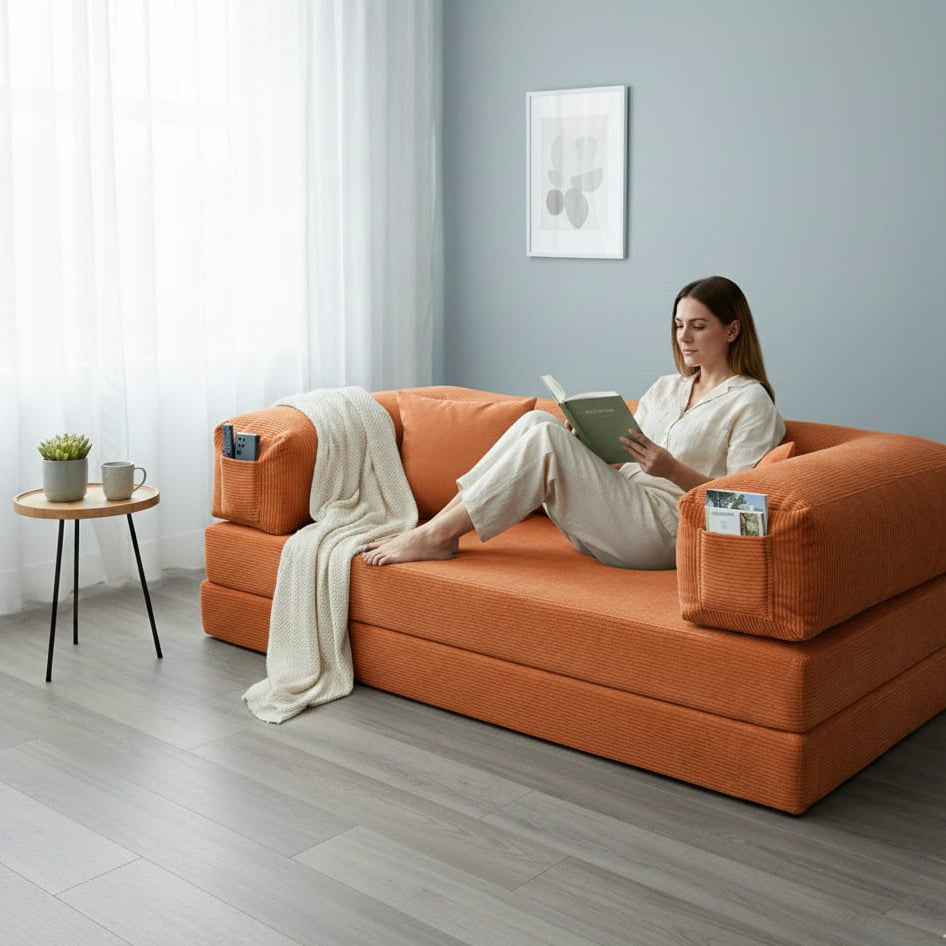 Corduroy Modular Lounge Sofa – Low Profile Floor Couch with Metal Frame