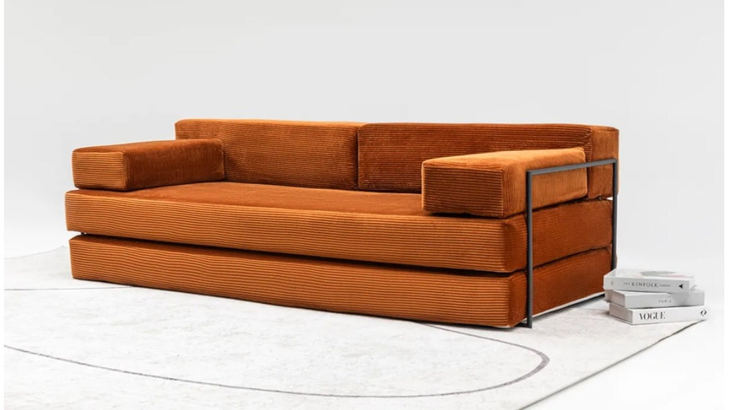 Modular Corduroy Floor Sofa with Metal Frame – Rust Orange Lounge Sofa