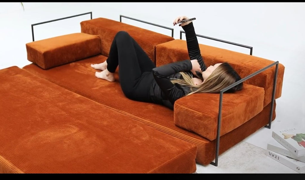 Modular Corduroy Floor Sofa with Metal Frame – Rust Orange Lounge Sofa