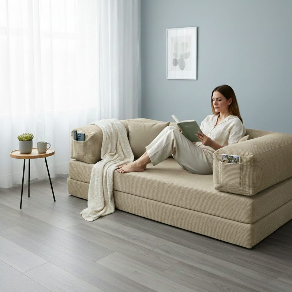 Corduroy Modular Lounge Sofa – Low Profile Floor Couch with Metal Frame