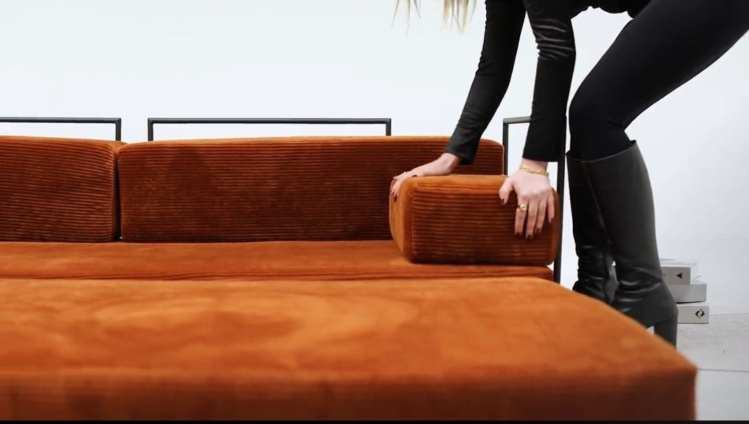Modular Corduroy Floor Sofa with Metal Frame – Rust Orange Lounge Sofa