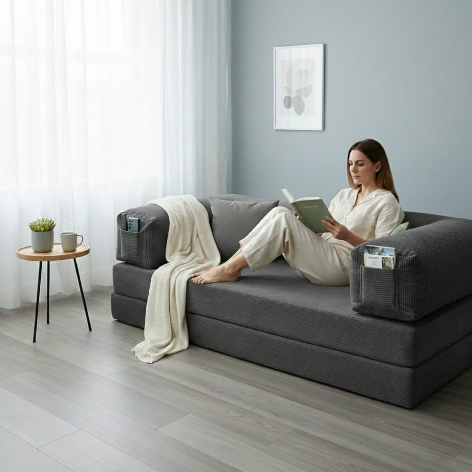 Corduroy Modular Lounge Sofa – Low Profile Floor Couch with Metal Frame