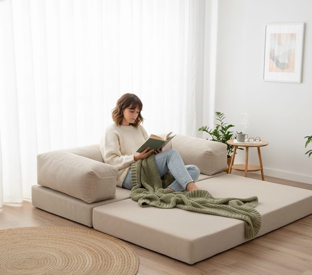 Corduroy Modular Lounge Sofa – Low Profile Floor Couch with Metal Frame
