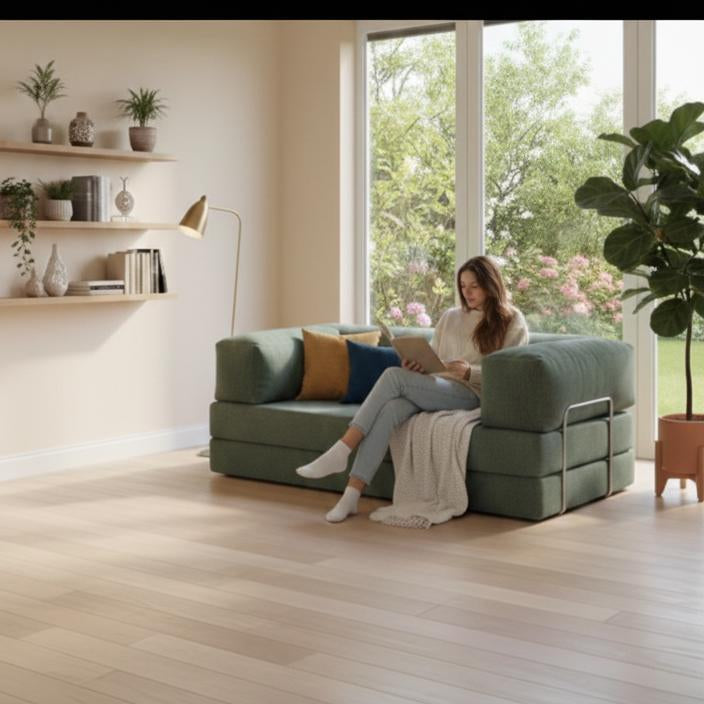 Corduroy floor sofa converted into a 200 × 200 cm bed


