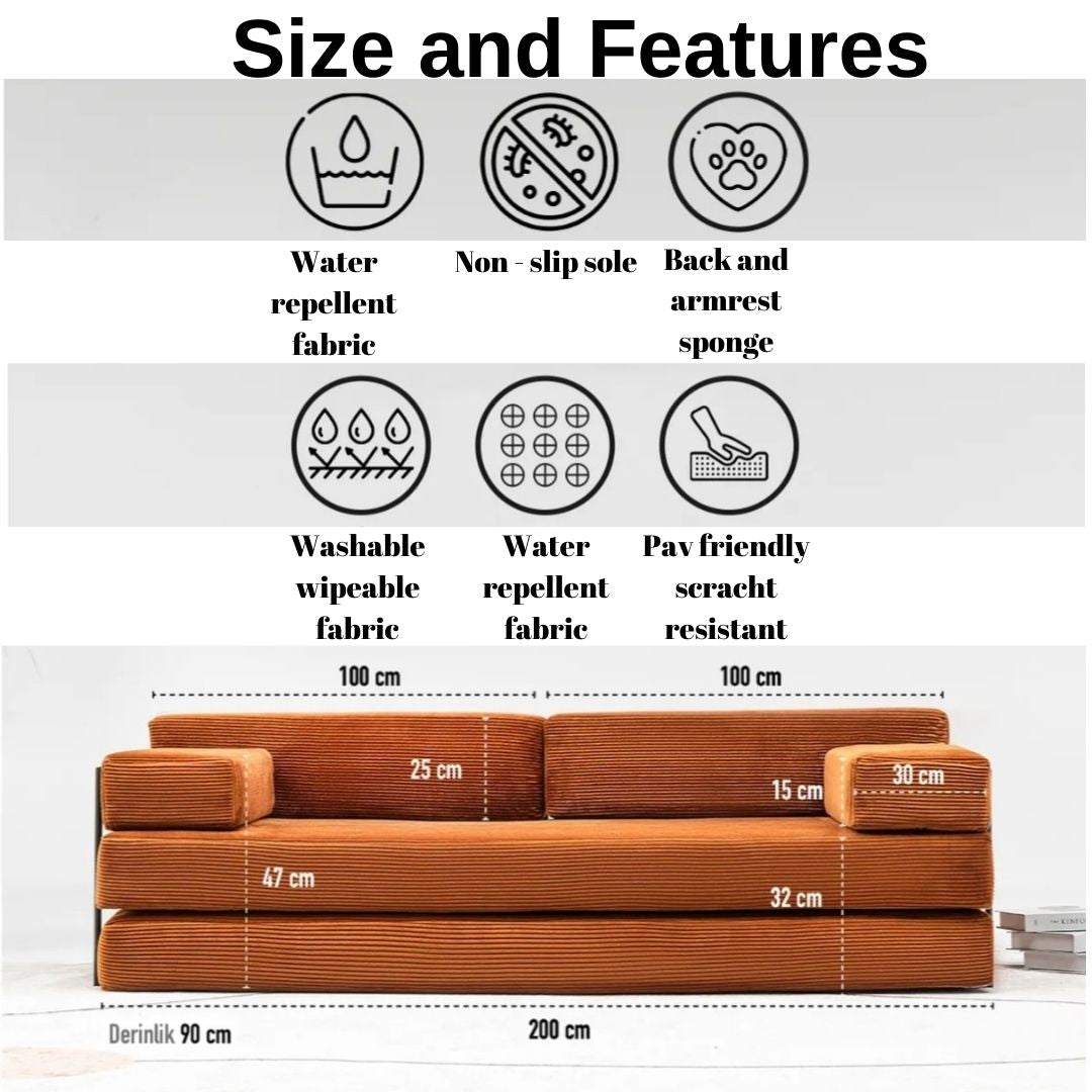 Modular Corduroy Floor Sofa with Metal Frame – Rust Orange Lounge Sofa