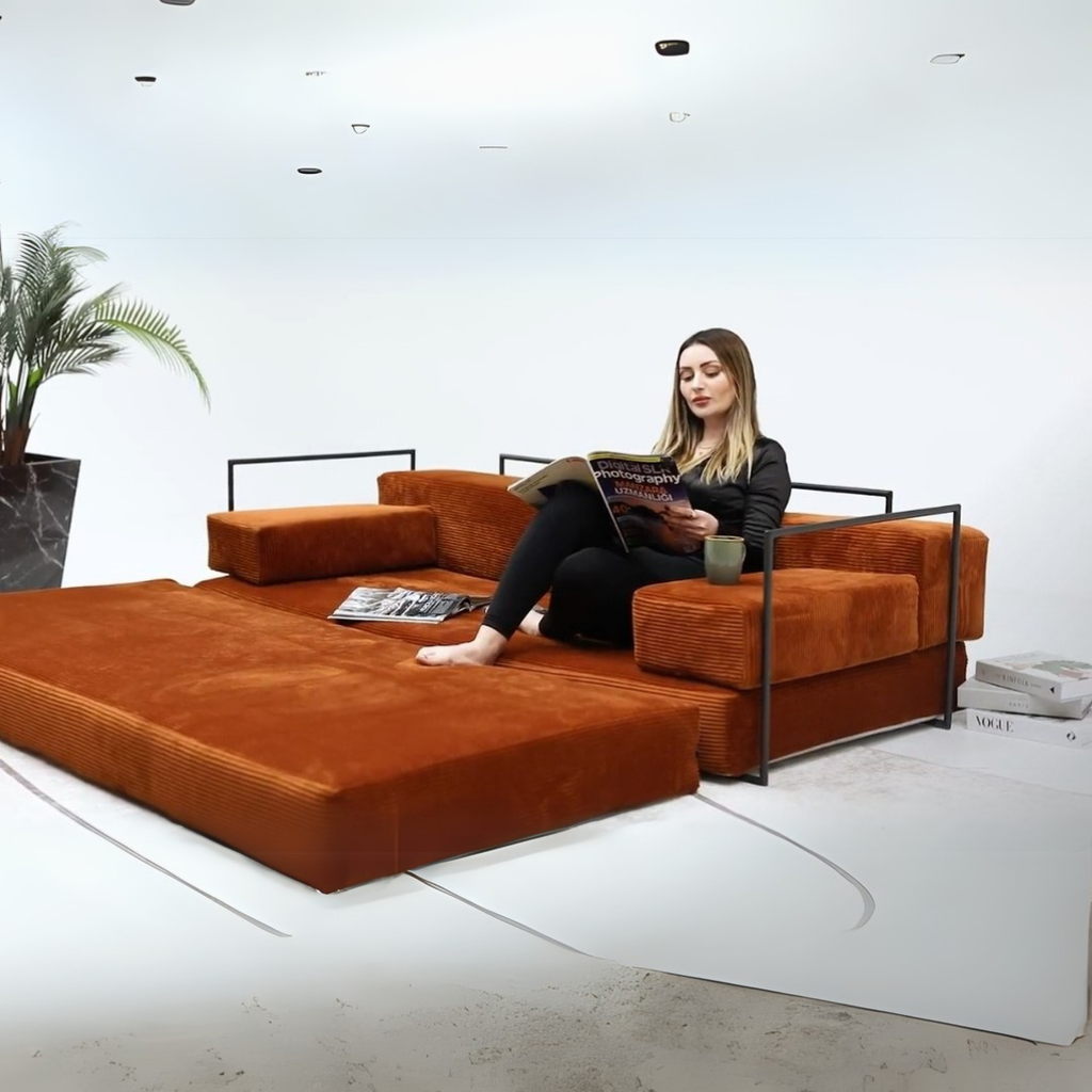 Burnt orange modular floor sofa in contemporary living room
