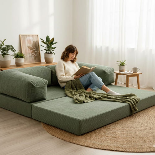 Corduroy Modular Lounge Sofa – Low Profile Floor Couch with Metal Frame