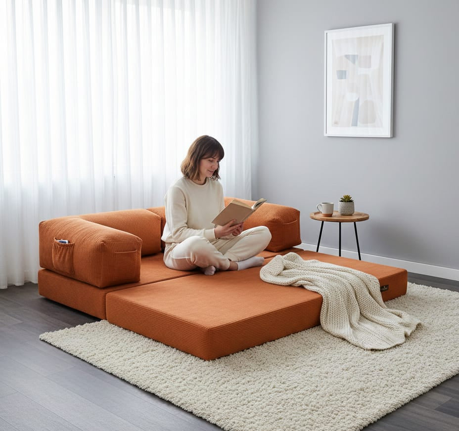 Corduroy Modular Lounge Sofa – Low Profile Floor Couch with Metal Frame
